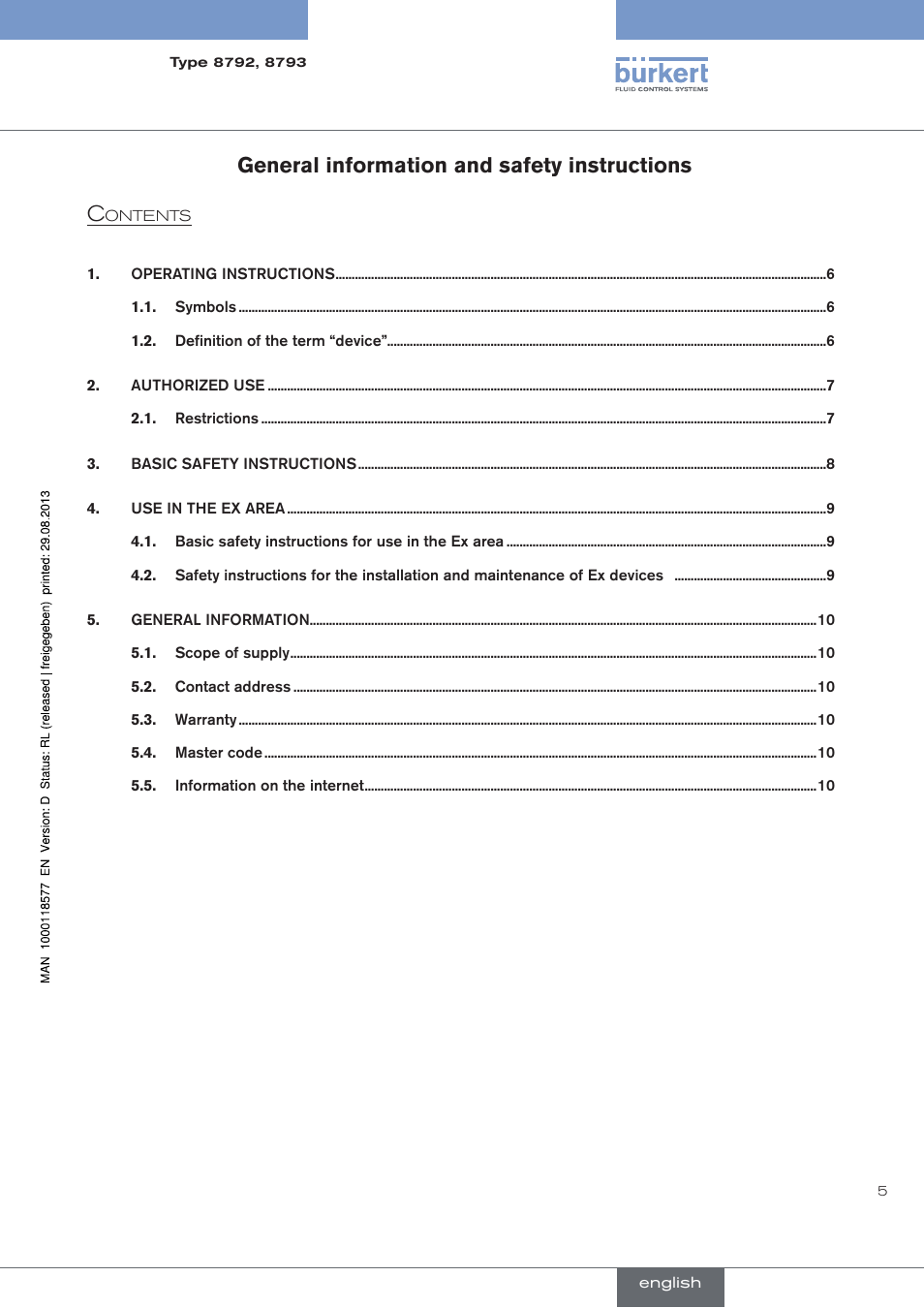 General information and safety instructions | Burkert Type 8793 User Manual | Page 5 / 252