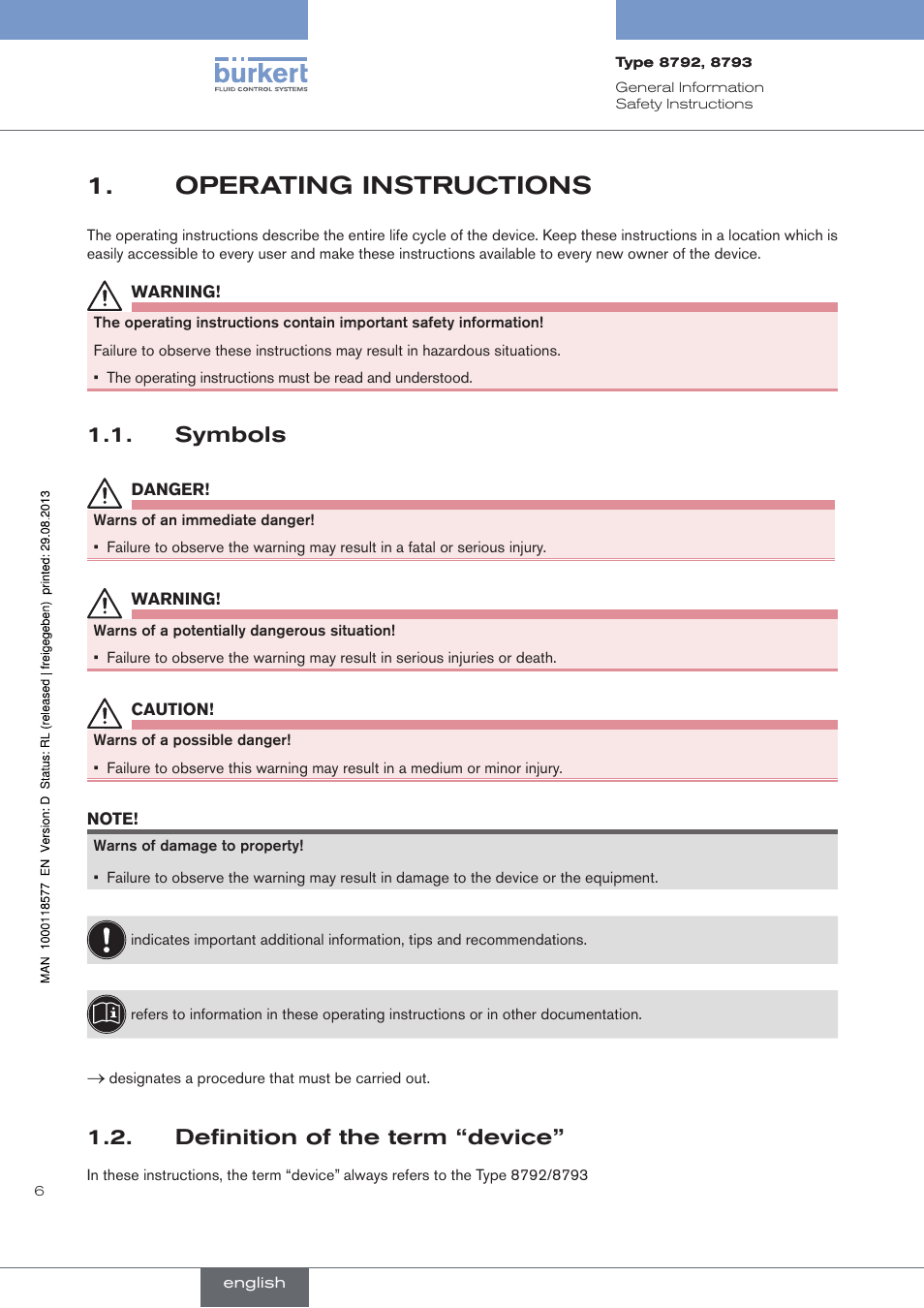 Operating instructions, Symbols, Definition of the term “device | Operating.instructions, . symbols, . definition.of.the.term.“device | Burkert Type 8793 User Manual | Page 6 / 252