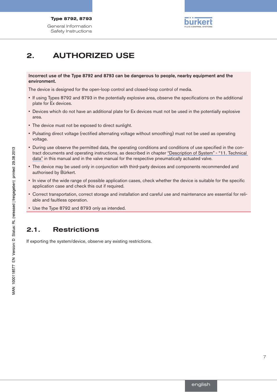 Authorized use, Restrictions, Authorized.use | . restrictions | Burkert Type 8793 User Manual | Page 7 / 252