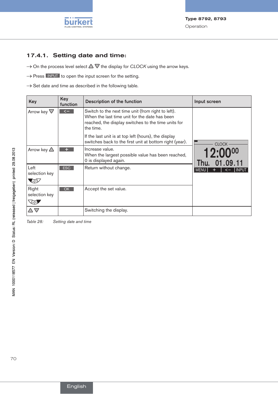 Setting date and time | Burkert Type 8793 User Manual | Page 70 / 252