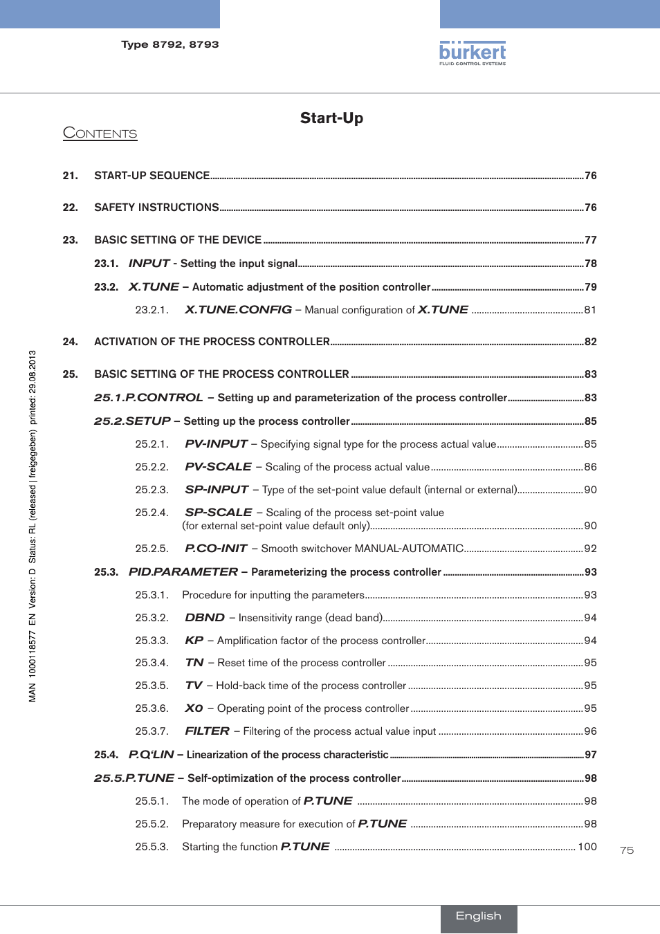 Start-up | Burkert Type 8793 User Manual | Page 75 / 252