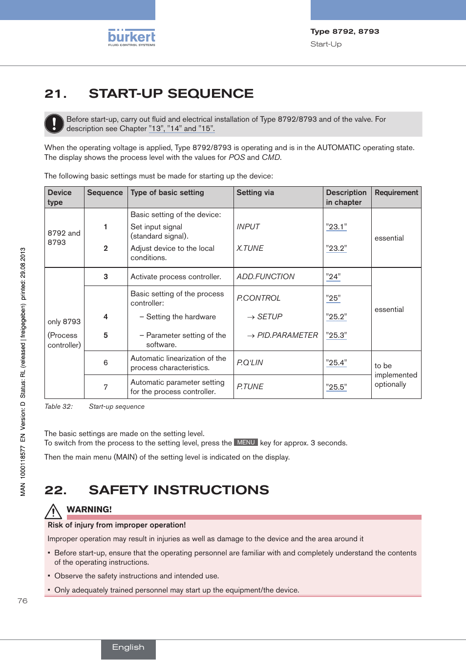 Start-up sequence, Safety instructions, Start-up.sequence | Safety.instructions | Burkert Type 8793 User Manual | Page 76 / 252