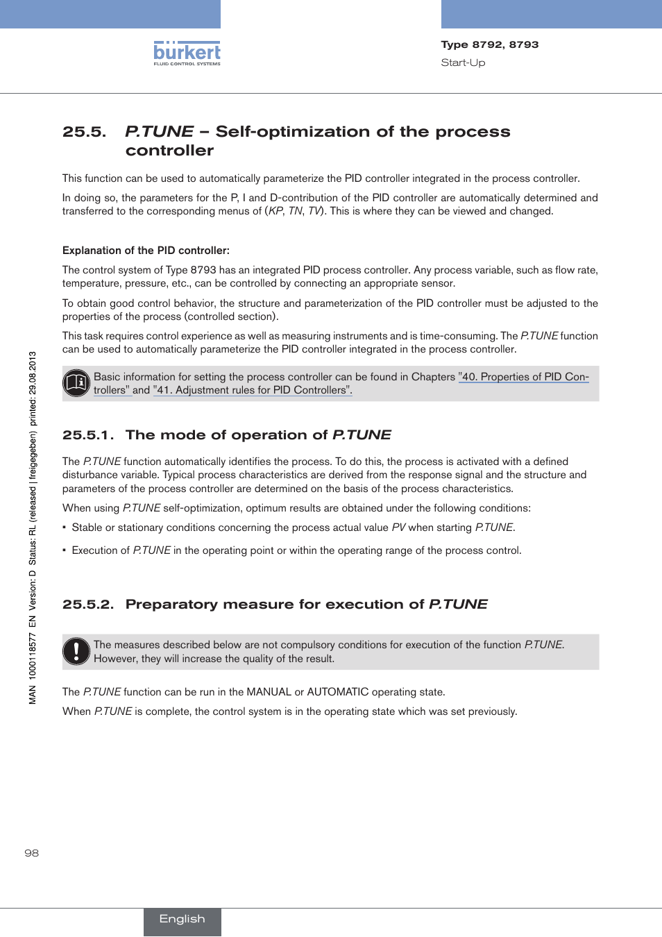 The mode of operation of p.tune, Preparatory measure for execution of p.tune | Burkert Type 8793 User Manual | Page 98 / 252