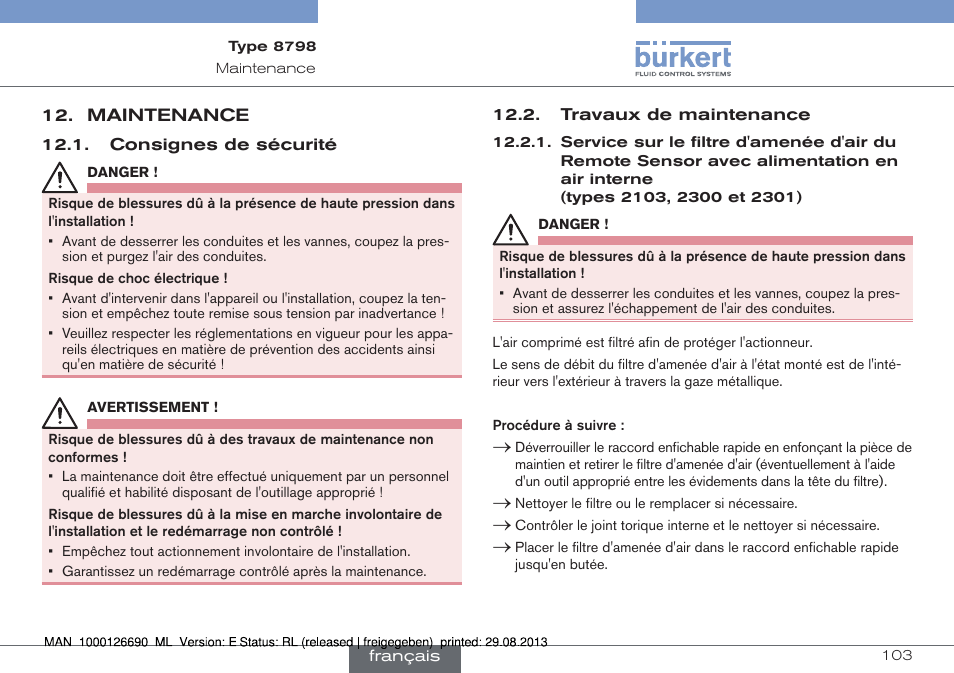 Maintenance, Consignes de sécurité 12.2. travaux de maintenance | Burkert Type 8798 User Manual | Page 103 / 106