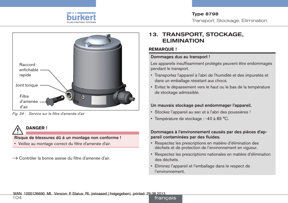 Transport, stockage, elimination | Burkert Type 8798 User Manual | Page 104 / 106