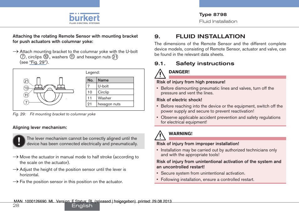 Fluid installation, Safety instructions | Burkert Type 8798 User Manual | Page 28 / 106