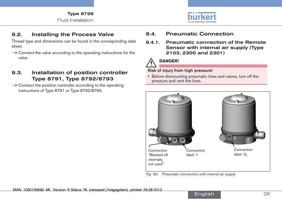 Type 8792/8793, Pneumatic connection | Burkert Type 8798 User Manual | Page 29 / 106