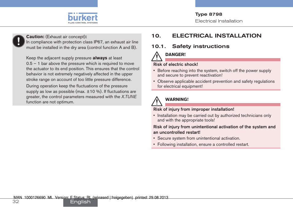 Electrical installation | Burkert Type 8798 User Manual | Page 32 / 106