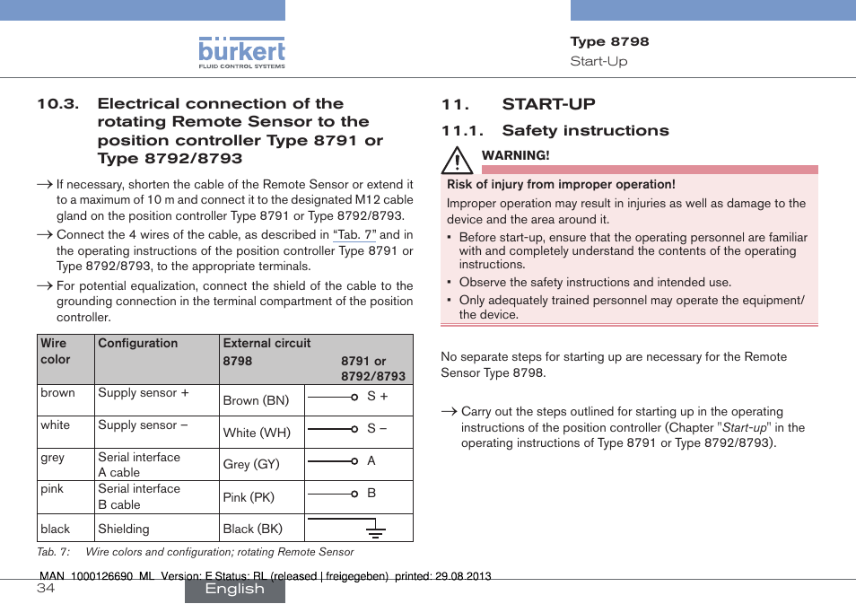 Start-up, Safety instructions | Burkert Type 8798 User Manual | Page 34 / 106