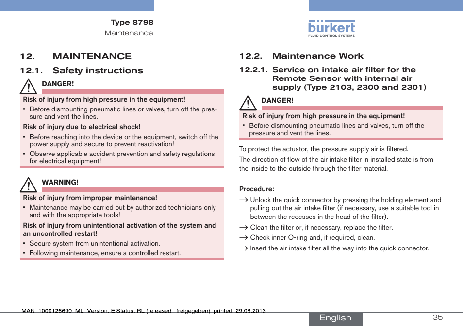 Maintenance, Safety instructions 12.2. maintenance work | Burkert Type 8798 User Manual | Page 35 / 106