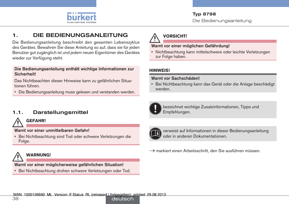 Deutsch, Die bedienungsanleitung, Darstellungsmittel | Burkert Type 8798 User Manual | Page 38 / 106