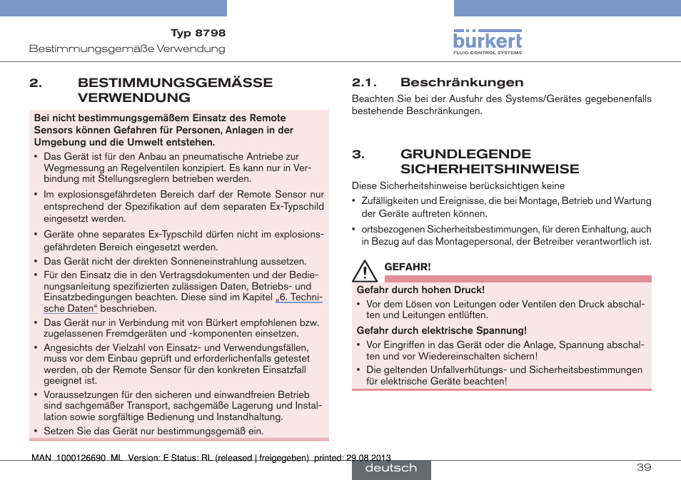 Bestimmungsgemässe verwendung, Beschränkungen, Grundlegende sicherheitshinweise | Burkert Type 8798 User Manual | Page 39 / 106