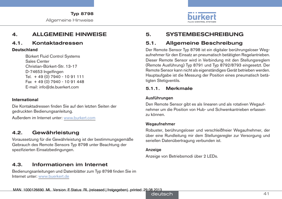 Allgemeine hinweise, Systembeschreibung, Allgemeine beschreibung | Burkert Type 8798 User Manual | Page 41 / 106