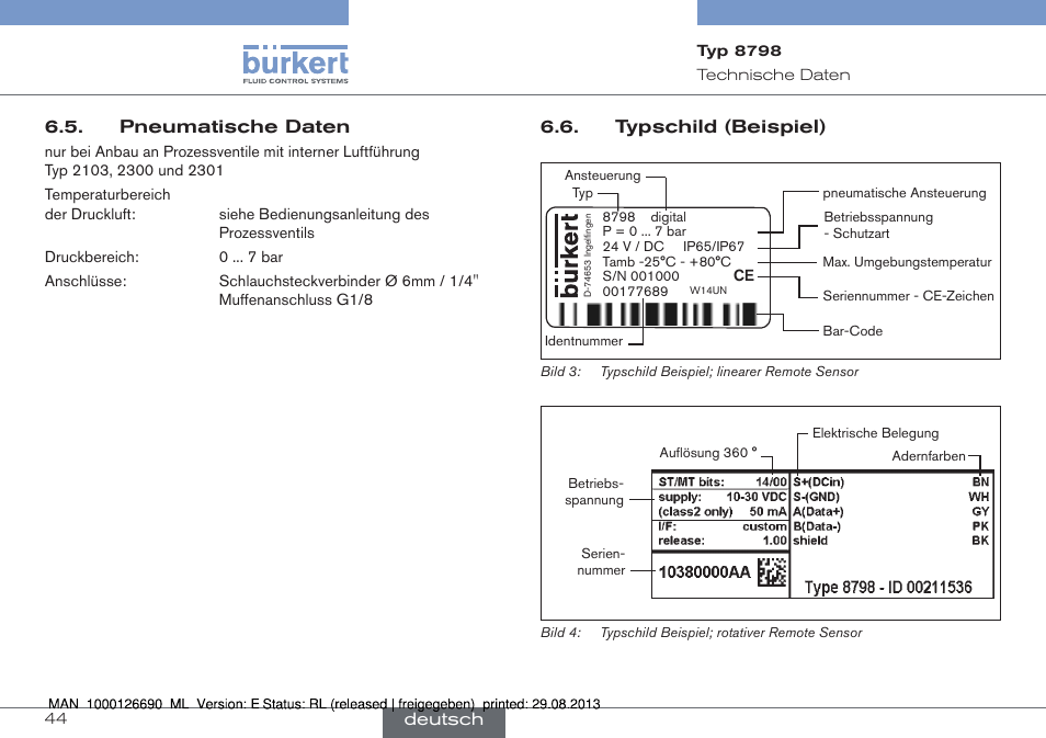 Pneumatische daten 6.6. typschild (beispiel) | Burkert Type 8798 User Manual | Page 44 / 106