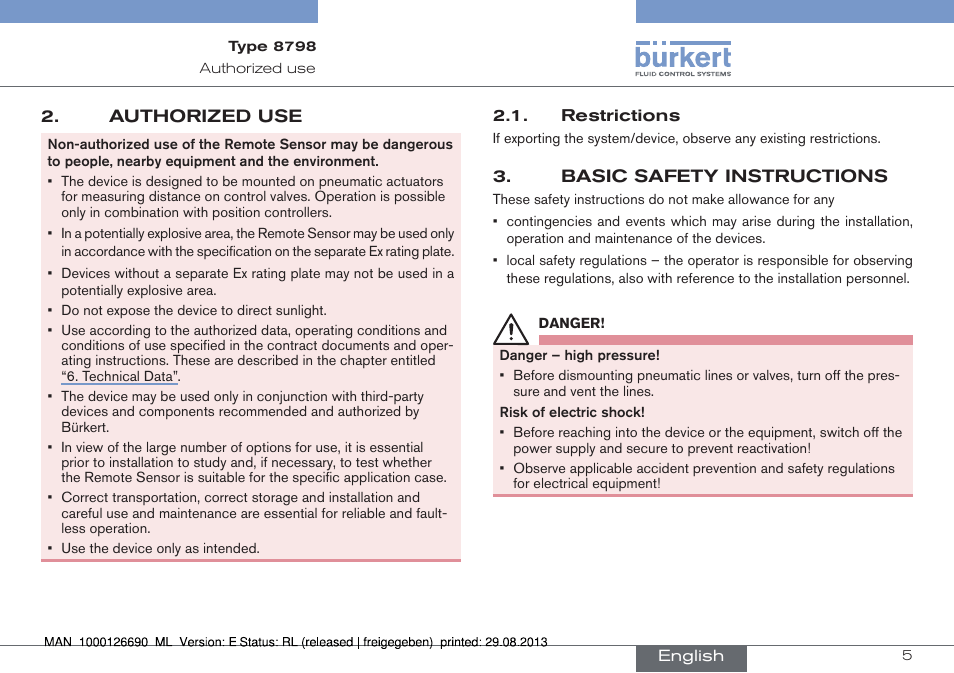 Authorized use, Restrictions, Basic safety instructions | Burkert Type 8798 User Manual | Page 5 / 106