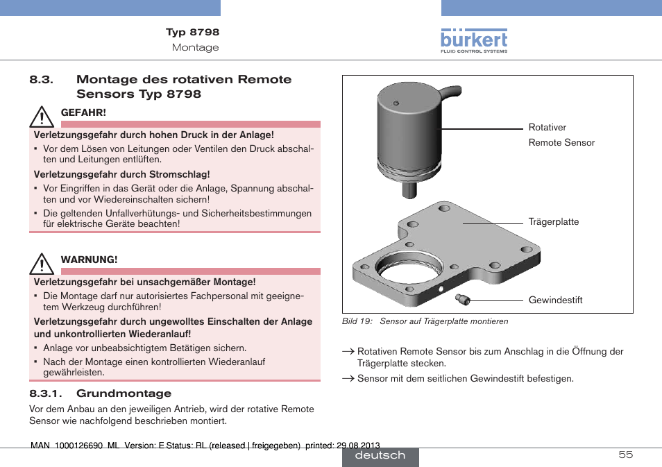 Montage des rotativen remote sensors typ 8798 | Burkert Type 8798 User Manual | Page 55 / 106