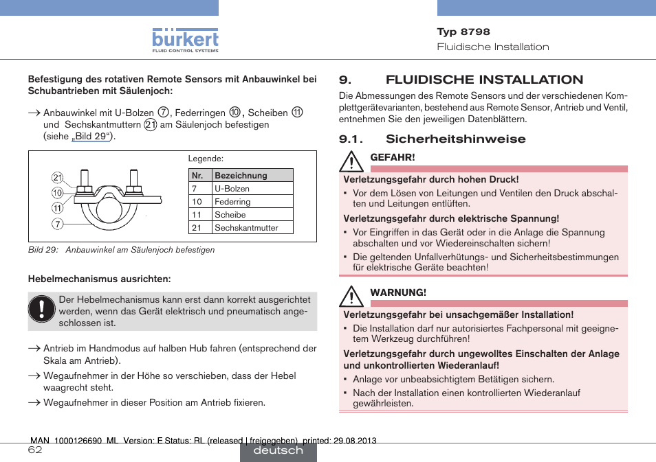 Fluidische installation, Sicherheitshinweise | Burkert Type 8798 User Manual | Page 62 / 106
