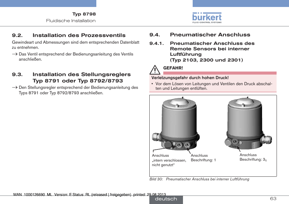 8792/8793 9.4. pneumatischer anschluss | Burkert Type 8798 User Manual | Page 63 / 106