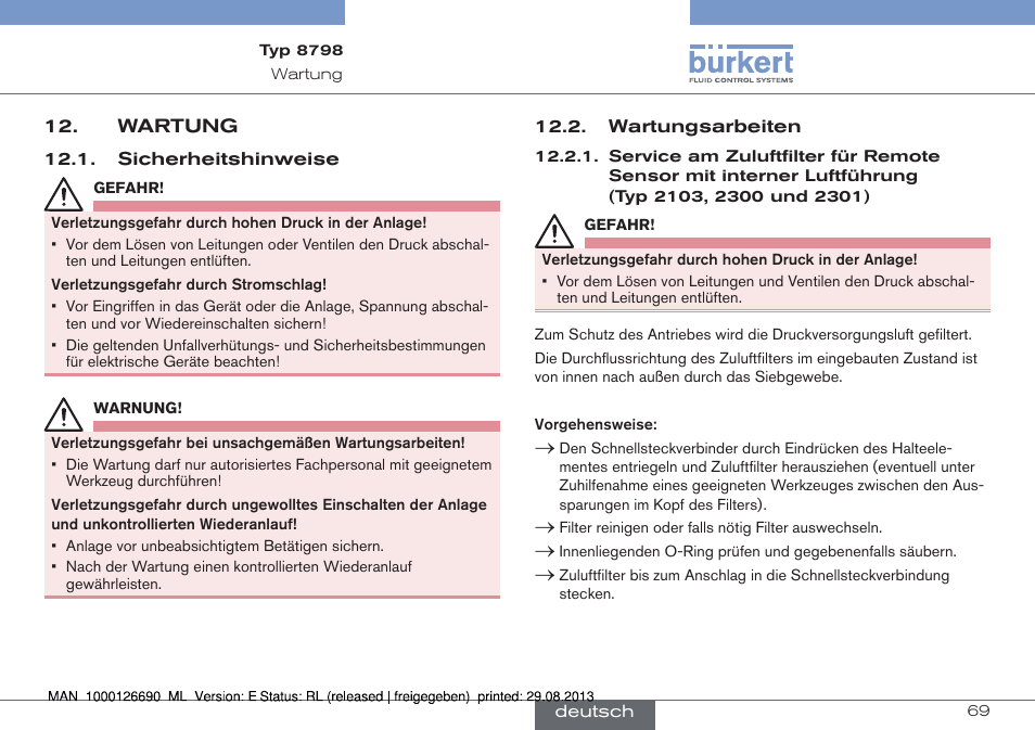 Wartung, Sicherheitshinweise 12.2. wartungsarbeiten | Burkert Type 8798 User Manual | Page 69 / 106