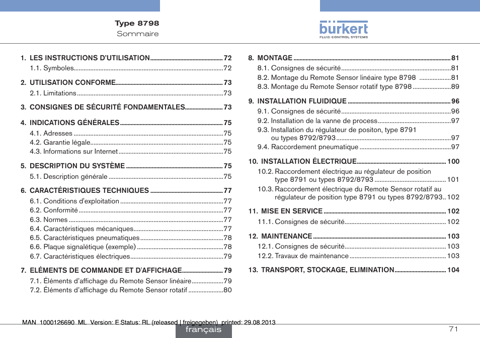 Francais | Burkert Type 8798 User Manual | Page 71 / 106