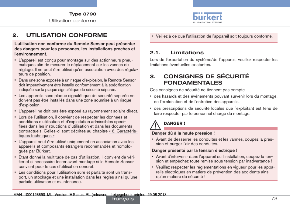 Utilisation conforme, Limitations, Consignes de sécurité fondamentales | Burkert Type 8798 User Manual | Page 73 / 106