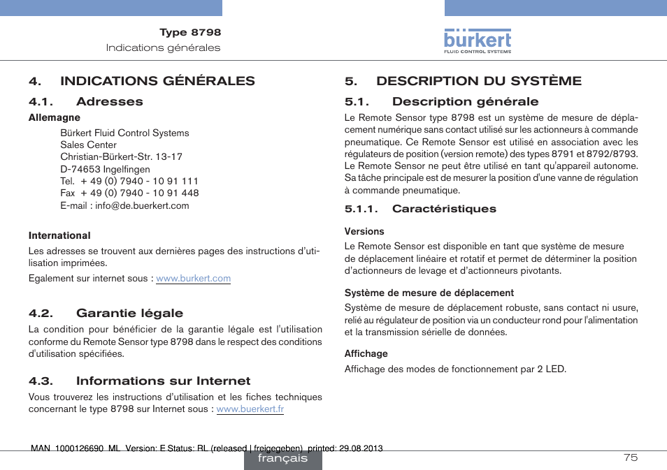 Indications générales, Description du système, Description générale | Burkert Type 8798 User Manual | Page 75 / 106