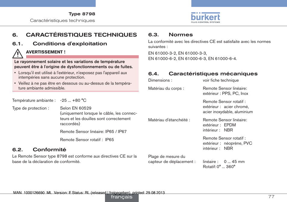 Caractéristiques techniques | Burkert Type 8798 User Manual | Page 77 / 106