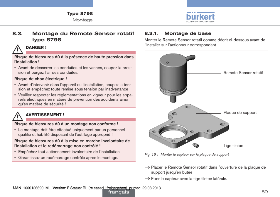 Montage du remote sensor rotatif type 8798 | Burkert Type 8798 User Manual | Page 89 / 106