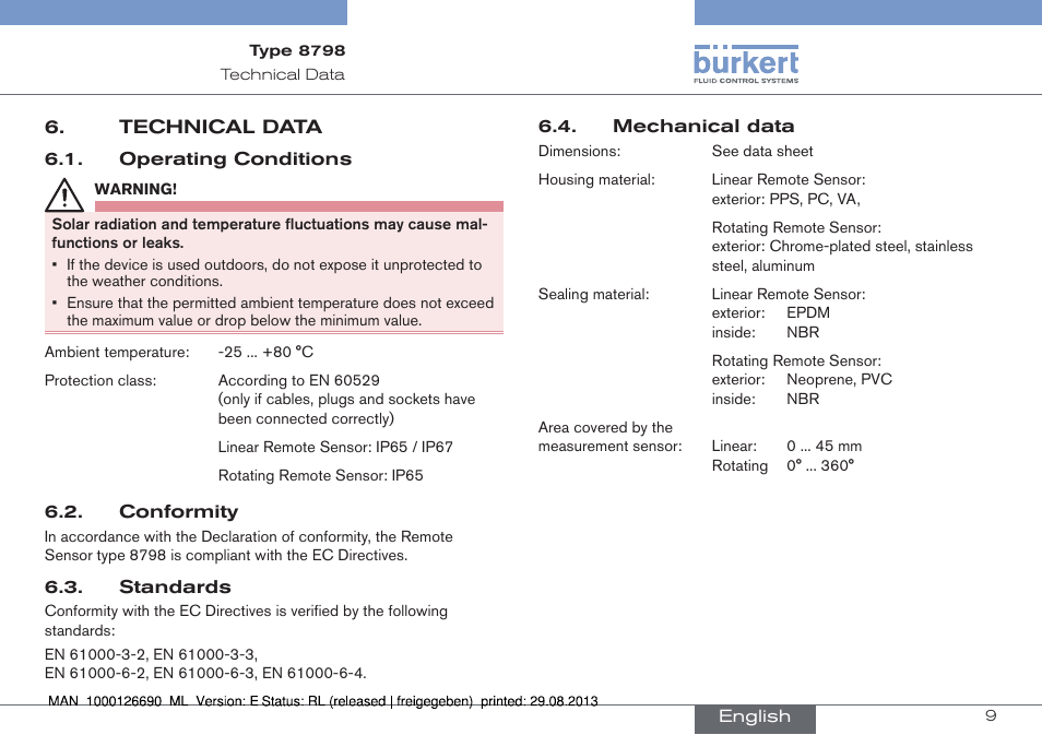 Technical data | Burkert Type 8798 User Manual | Page 9 / 106