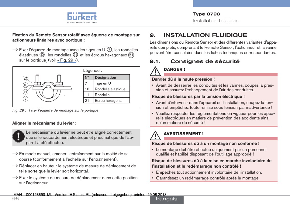 Installation fluidique, Consignes de sécurité | Burkert Type 8798 User Manual | Page 96 / 106