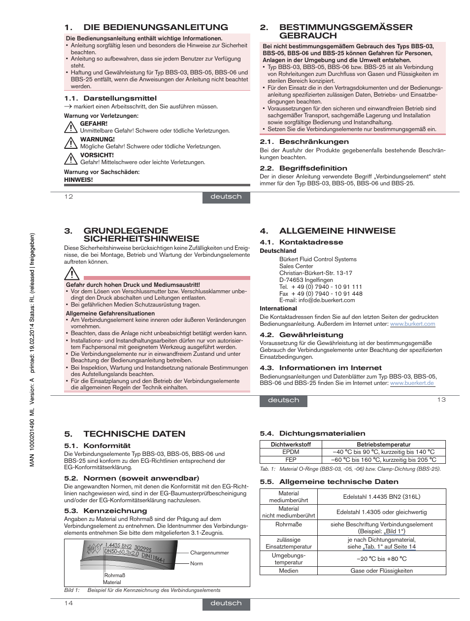 Die bedienungsanleitung, Bestimmungsgemässer gebrauch, Allgemeine hinweise | Grundlegende sicherheitshinweise, Technische daten | Burkert Type BBS-25 User Manual | Page 6 / 12