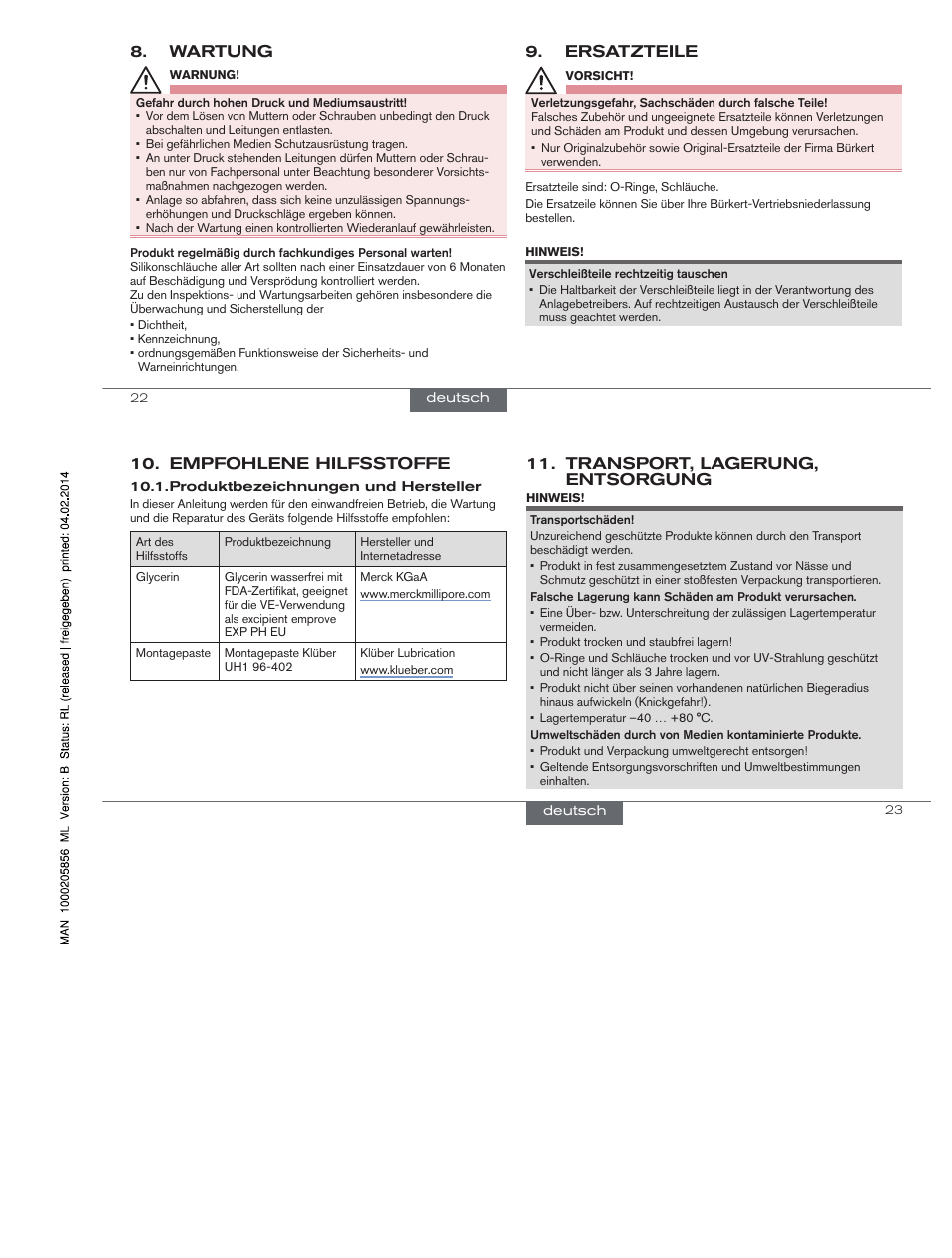 Wartung, Ersatzteile, Empfohlene hilfsstoffe | Transport, lagerung, entsorgung | Burkert Type BBS-4S User Manual | Page 10 / 15