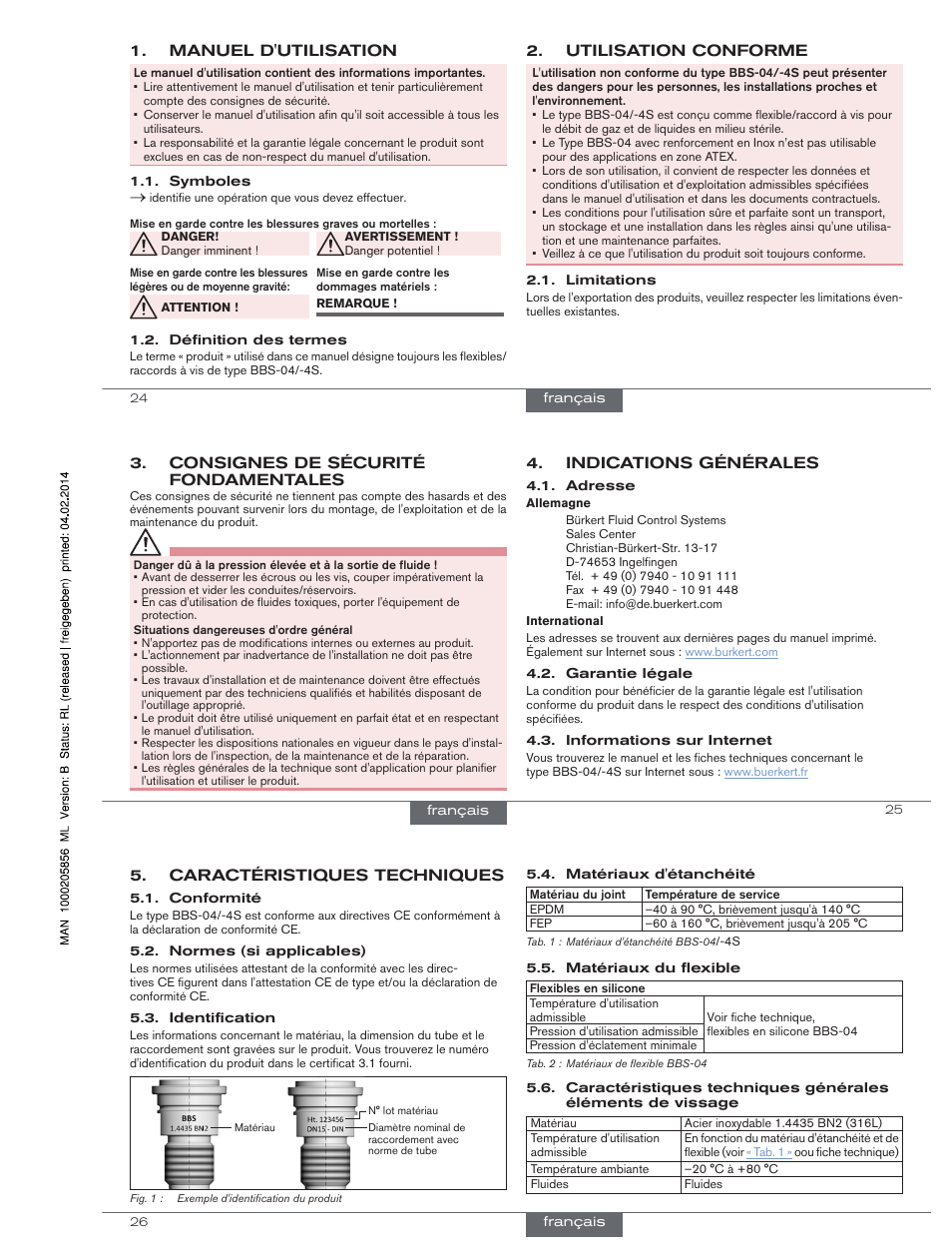 Manuel d'utilisation, Utilisation conforme, Indications générales | Consignes de sécurité fondamentales, Caractéristiques techniques | Burkert Type BBS-4S User Manual | Page 12 / 15