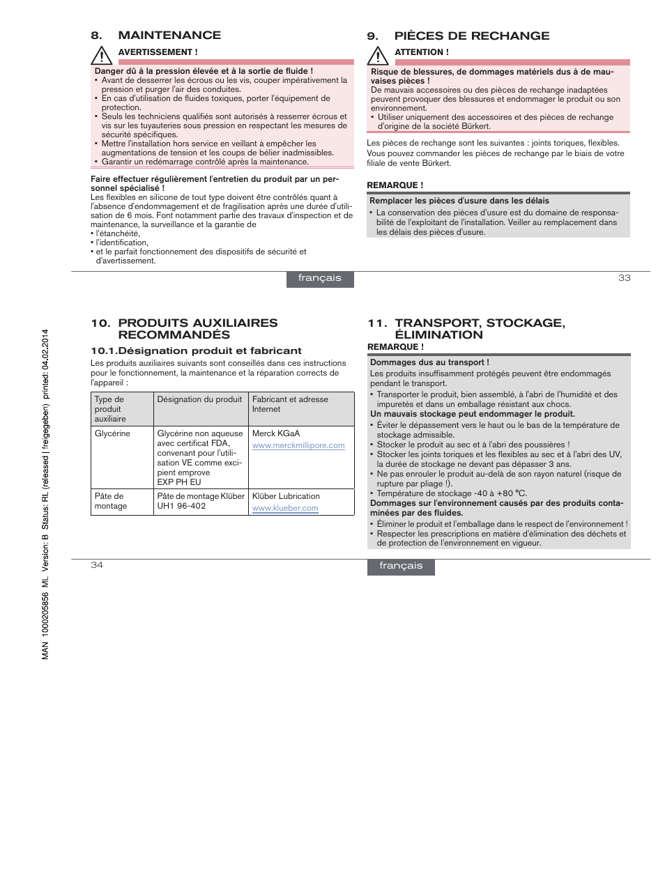 Maintenance, Pièces de rechange, Produits auxiliaires recommandés | Transport, stockage, élimination | Burkert Type BBS-4S User Manual | Page 15 / 15