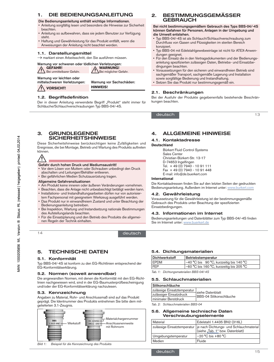 Die bedienungsanleitung, Bestimmungsgemässer gebrauch, Allgemeine hinweise | Grundlegende sicherheitshinweise, Technische daten | Burkert Type BBS-4S User Manual | Page 7 / 15