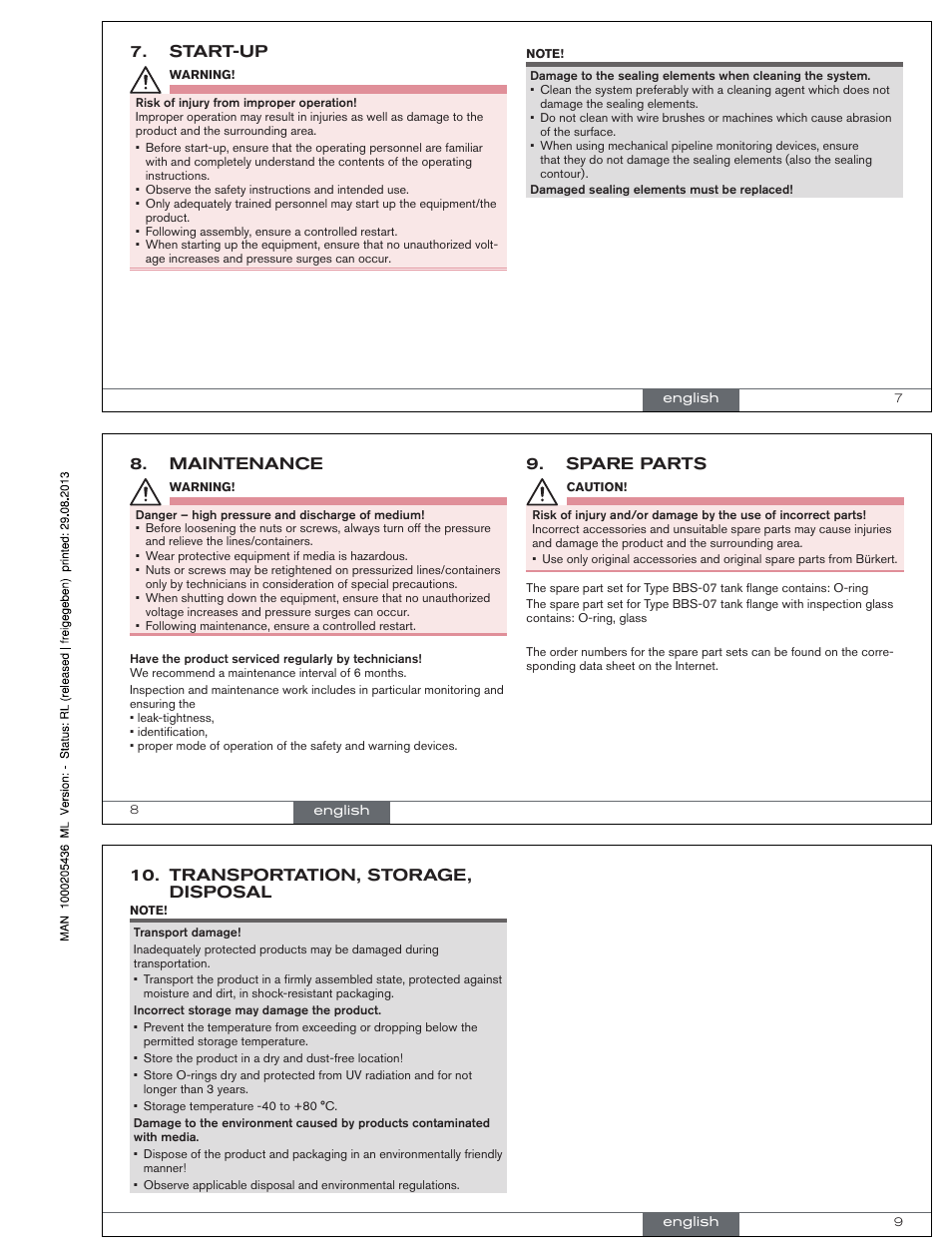 Start-up, Maintenance, Spare parts | Transportation, storage, disposal | Burkert Type BBS-07 User Manual | Page 3 / 9