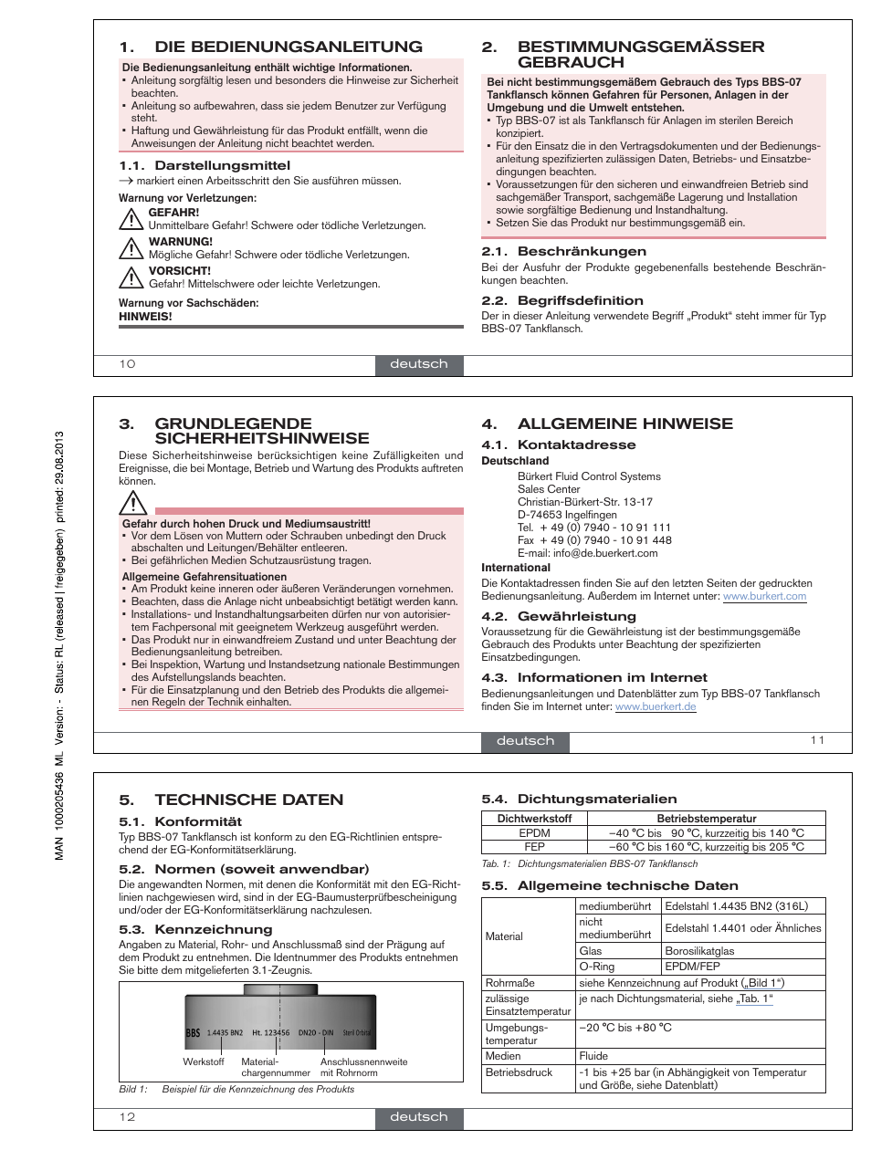 Deutsch, Die bedienungsanleitung, Bestimmungsgemässer gebrauch | Allgemeine hinweise, Grundlegende sicherheitshinweise, Technische daten | Burkert Type BBS-07 User Manual | Page 4 / 9