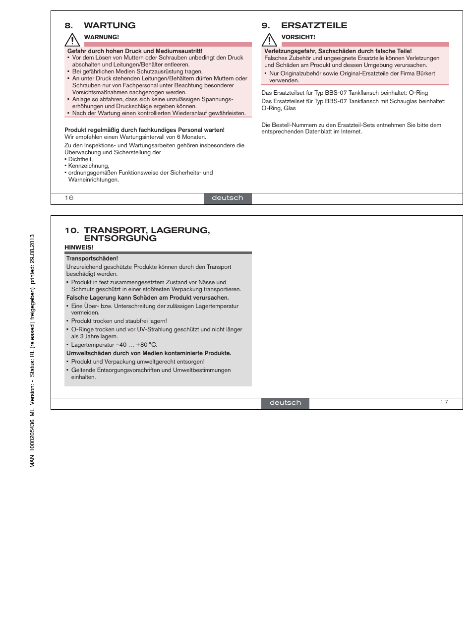 Wartung, Ersatzteile, Transport, lagerung, entsorgung | Burkert Type BBS-07 User Manual | Page 6 / 9