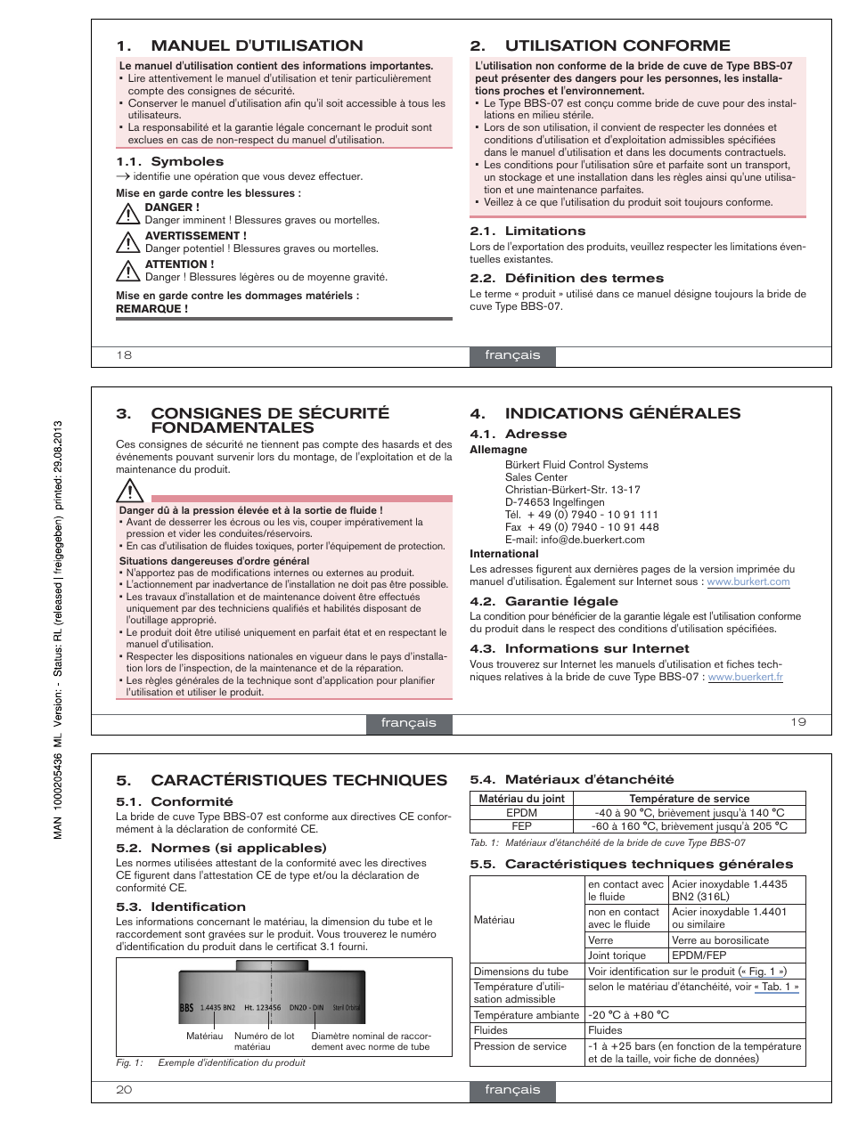 Francais, Manuel d'utilisation, Utilisation conforme | Indications générales, Consignes de sécurité fondamentales, Caractéristiques techniques | Burkert Type BBS-07 User Manual | Page 7 / 9