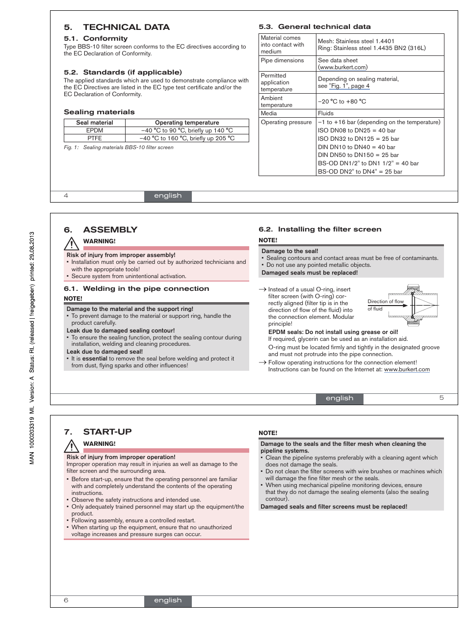 Technical data, Assembly, Start-up | Conformity, Standards (if applicable), Sealing materials, General technical data, English, Welding in the pipe connection, Installing the filter screen | Burkert Type BBS-10 User Manual | Page 2 / 8