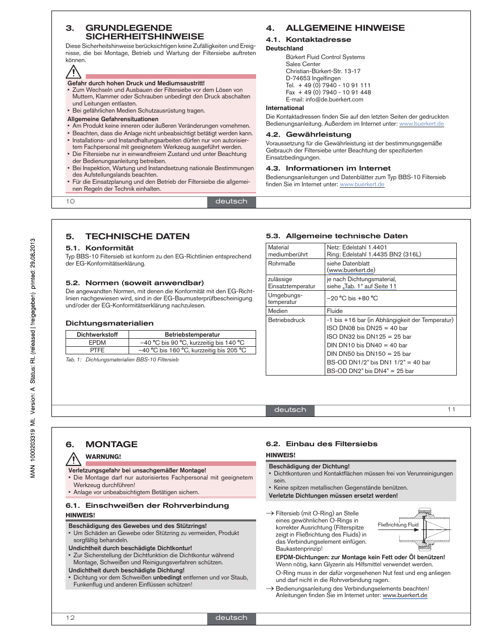 Allgemeine hinweise, Grundlegende sicherheitshinweise, Technische daten | Montage, Kontaktadresse, Gewährleistung, Informationen im internet, Deutsch, Konformität, Normen (soweit anwendbar) | Burkert Type BBS-10 User Manual | Page 4 / 8