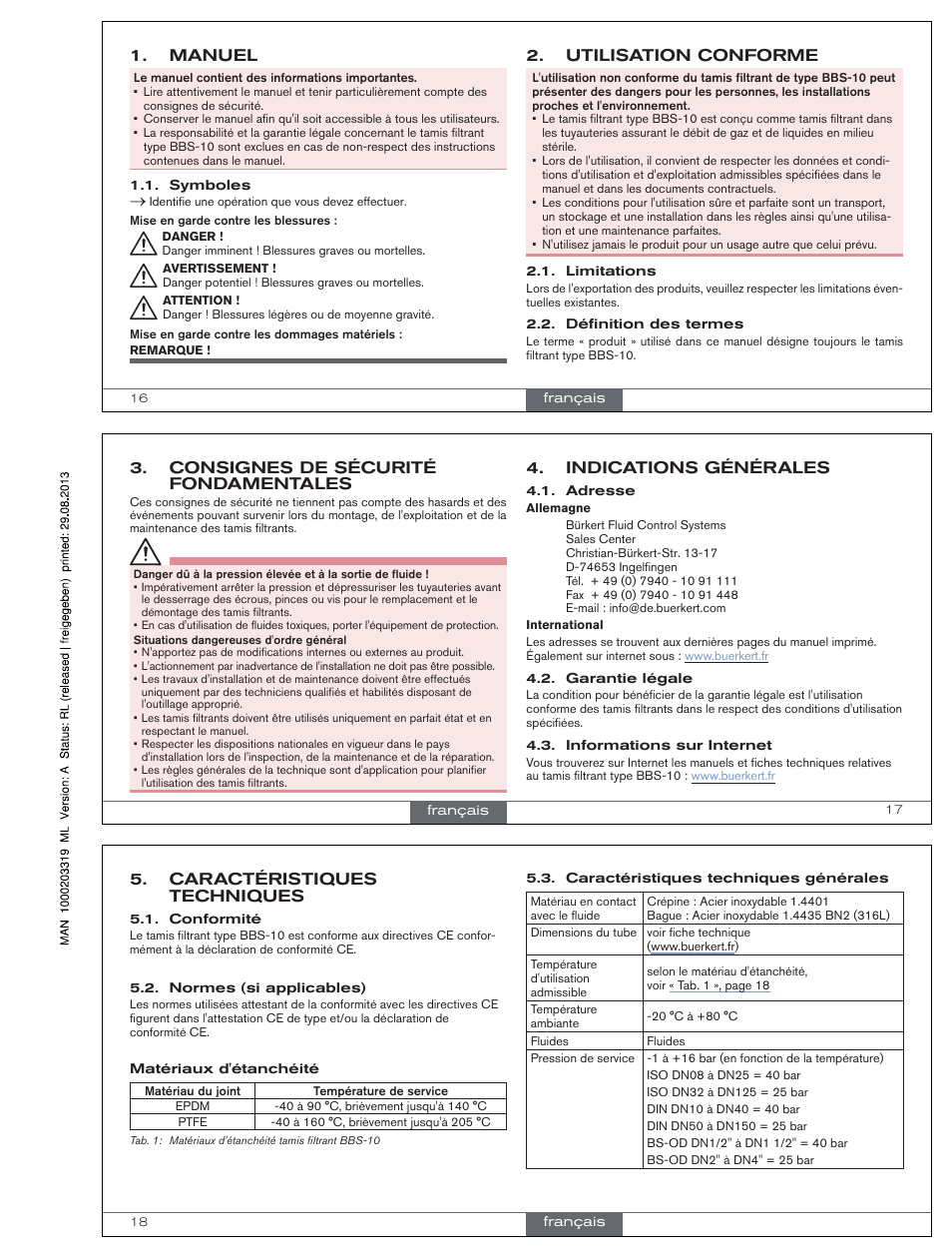 Francais, Manuel, Utilisation conforme | Indications générales, Consignes de sécurité fondamentales, Caractéristiques techniques | Burkert Type BBS-10 User Manual | Page 6 / 8