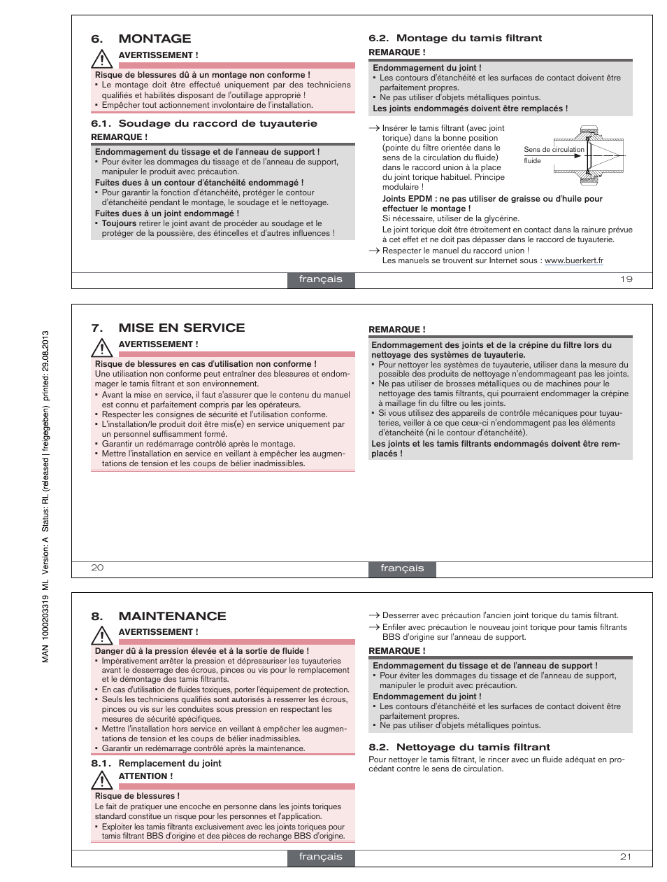 Montage, Mise en service, Maintenance | Soudage du raccord de tuyauterie, Montage du tamis filtrant, Français, Remplacement du joint, Nettoyage du tamis filtrant | Burkert Type BBS-10 User Manual | Page 7 / 8