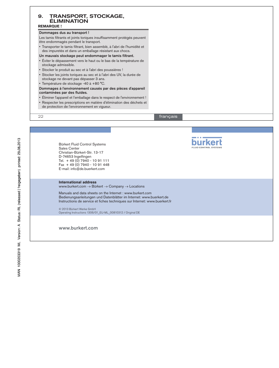 Transport, stockage, élimination | Burkert Type BBS-10 User Manual | Page 8 / 8