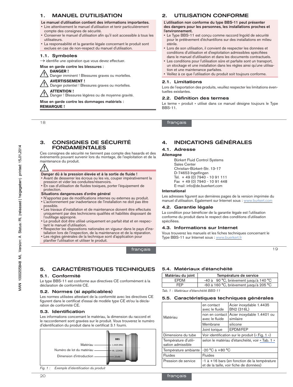 Manuel d'utilisation, Utilisation conforme, Indications générales | Consignes de sécurité fondamentales, Caractéristiques techniques | Burkert Type BBS-11 User Manual | Page 10 / 12