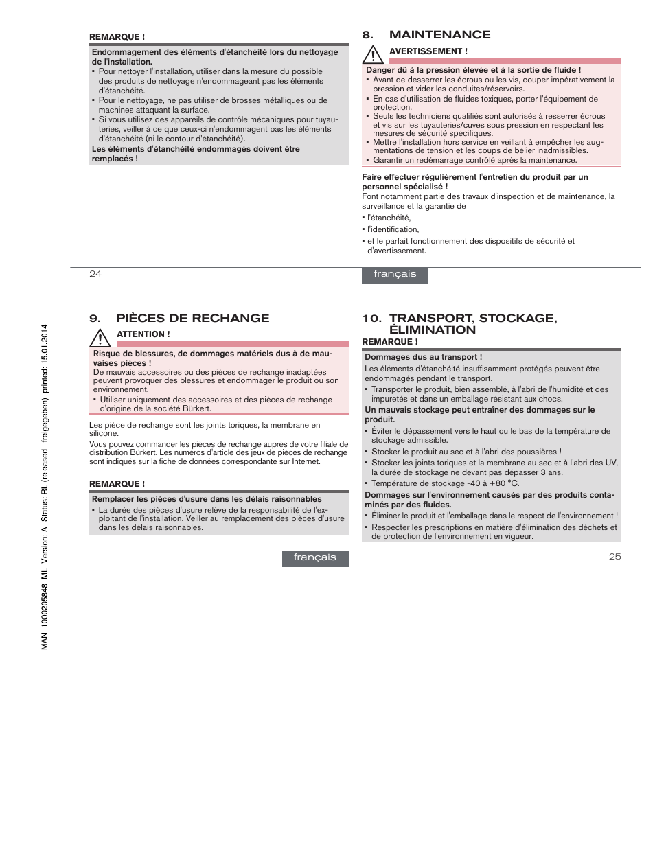 Maintenance, Pièces de rechange, Transport, stockage, élimination | Burkert Type BBS-11 User Manual | Page 12 / 12