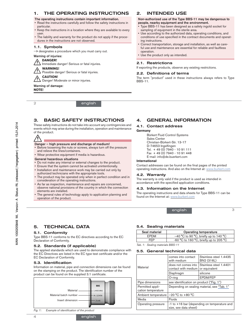 The operating instructions, Intended use, General information | Basic safety instructions, Technical data | Burkert Type BBS-11 User Manual | Page 2 / 12