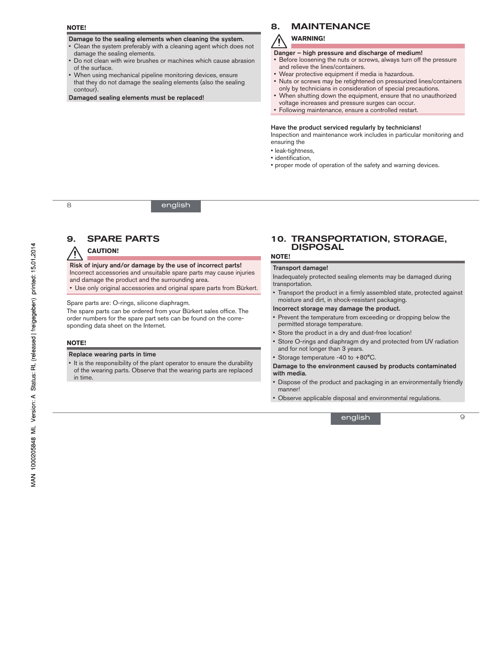 Maintenance, Spare parts, Transportation, storage, disposal | Burkert Type BBS-11 User Manual | Page 4 / 12