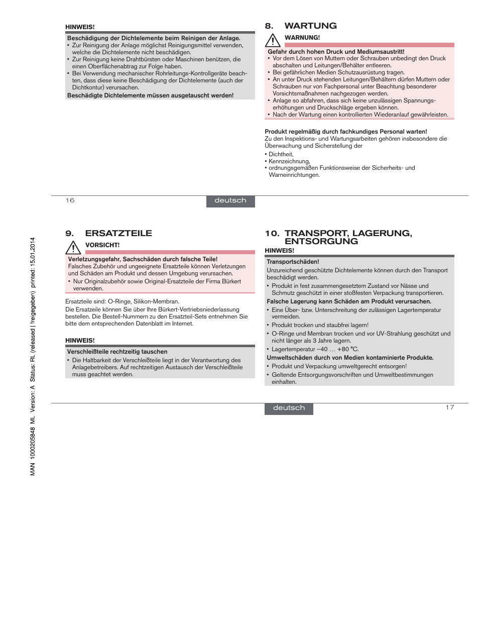 Wartung, Ersatzteile, Transport, lagerung, entsorgung | Burkert Type BBS-11 User Manual | Page 8 / 12