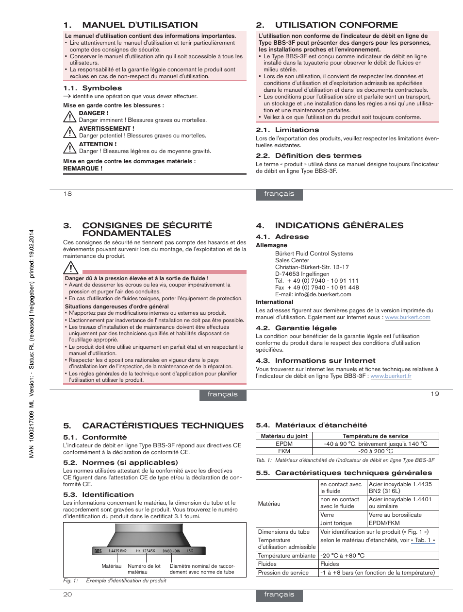 Manuel d'utilisation, Utilisation conforme, Indications générales | Consignes de sécurité fondamentales, Caractéristiques techniques | Burkert Type BBS-3F User Manual | Page 10 / 12